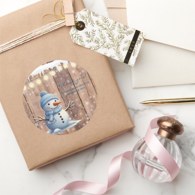 Adesivo Redondo Chá de fraldas Russo Moderno Elegante Blue Snowman (Presentear)