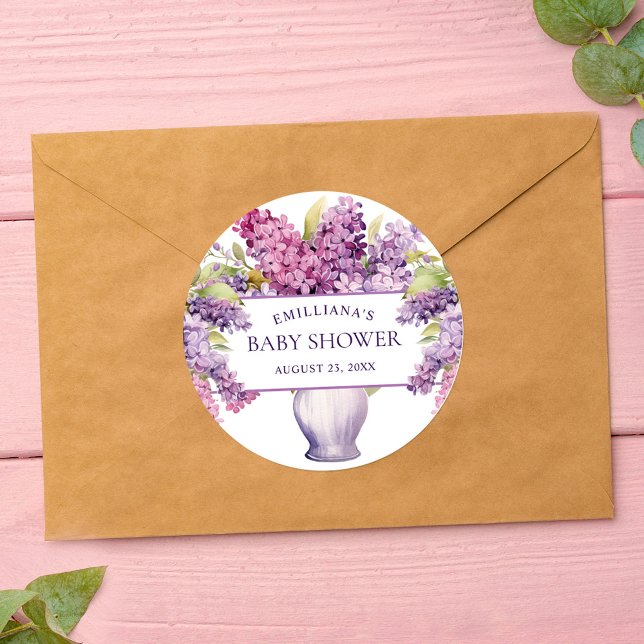 Adesivo Redondo Chá de fraldas Russo Moderno Roxo Elegante Lilac (Elegant Purple Lilac Modern Rustic Baby Shower Classic Round Sticker)
