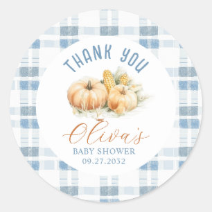 Adesivo Redondo Chá de fraldas Rustic Blue Stripes Pumpkin Obrigad