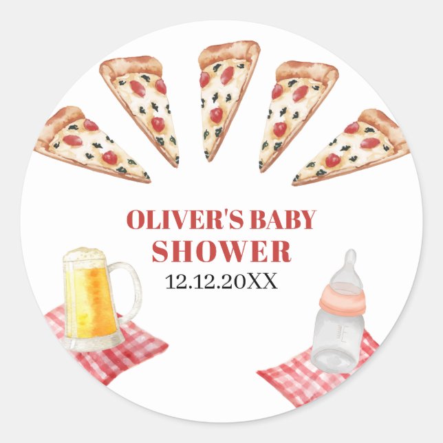 Adesivo Redondo Chá de fraldas Rustic Modern Slice Pizza Beers (Frente)