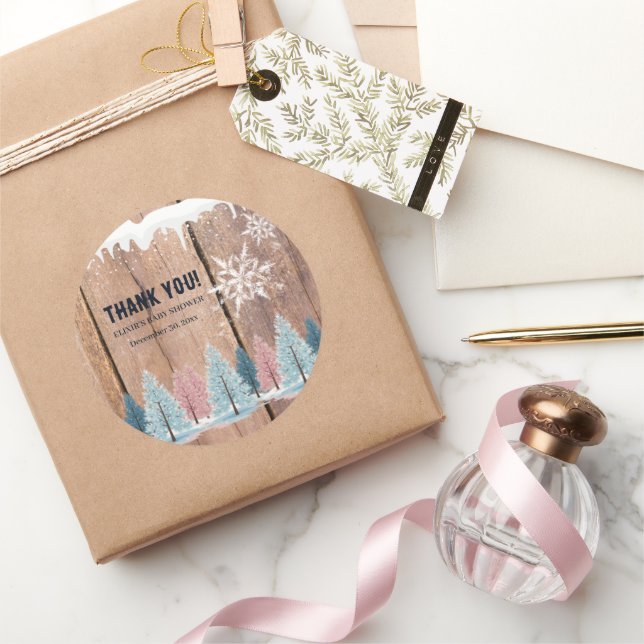 Adesivo Redondo Chá de fraldas Rustic Winter Forest Pine (Presentear)