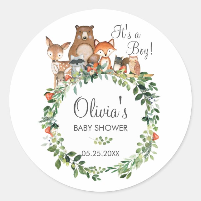 Adesivo Redondo Chá de fraldas Rustic Woodland Animal Obrigado A F (Frente)