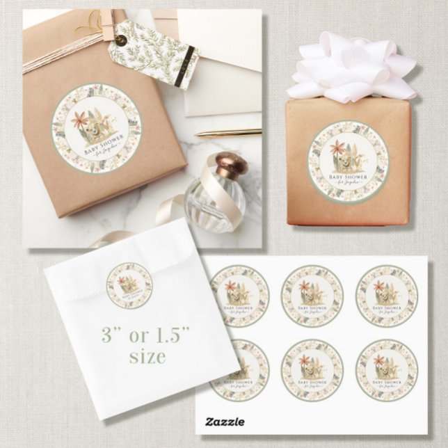 Adesivo Redondo Chá de fraldas Safari Little Lion Zebra Giraffe (Criador carregado)