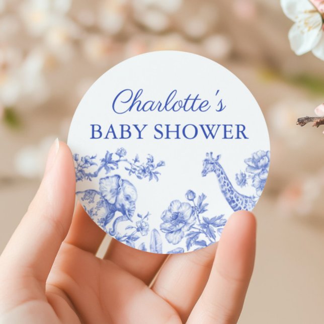 Adesivo Redondo Chá de fraldas Safari Toile de Jouy (Blue Boy Baby Shower Safari Toile de Jouy Classic Round Sticker)