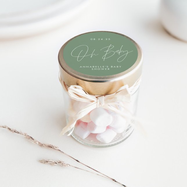 Adesivo Redondo Chá de fraldas sage verde elegante moderno (Criador carregado)