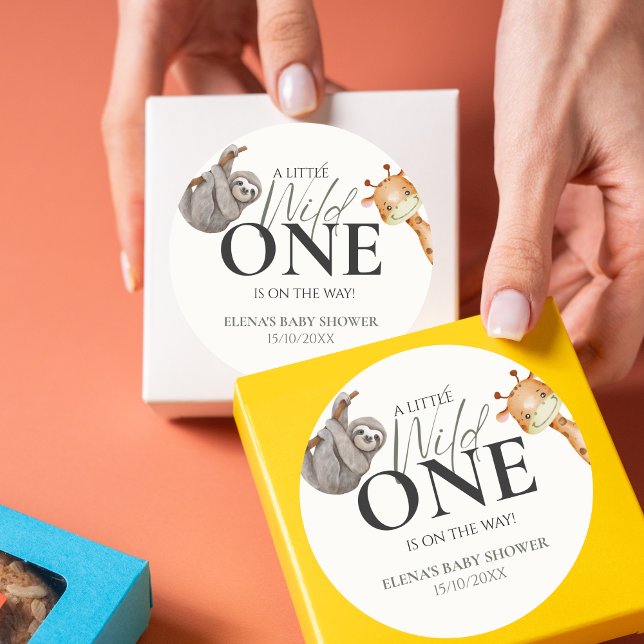 Adesivo Redondo Chá de fraldas Selvagem de Animais Safari (Little Wild One - Baby Shower Stickers)