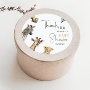 Adesivo Redondo Chá de fraldas Selvagem De Animais Safari Obrigado