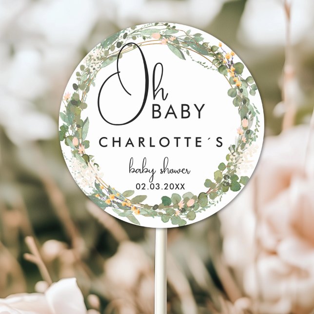 Adesivo Redondo Chá de fraldas Simples Eucalyptus Wreath (Simple Eucalyptus Wreath Baby Shower Classic Round Custom Sticker with your Name and Date.)