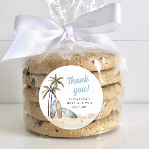 Adesivo Redondo Chá de fraldas Surfing Beach Obrigado