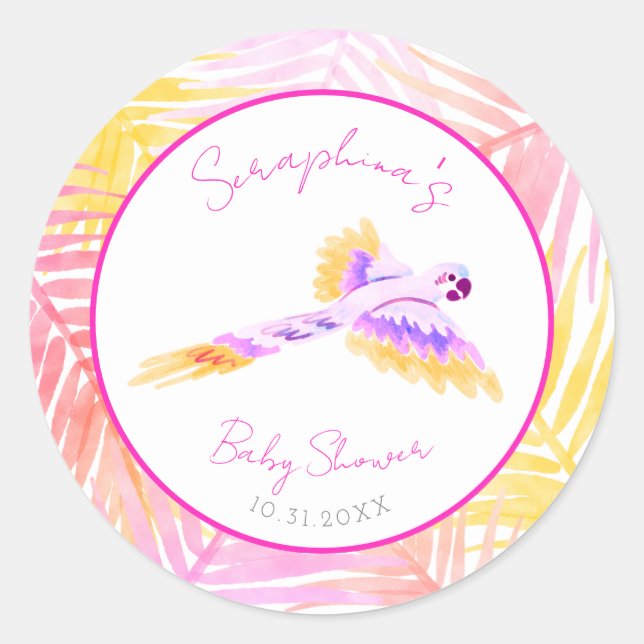 Adesivo Redondo Chá de fraldas Tropical de Papagaio Rosa (Frente)