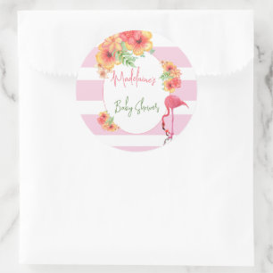 Adesivo Redondo Chá de fraldas Tropical Flamingo Pink Stripe