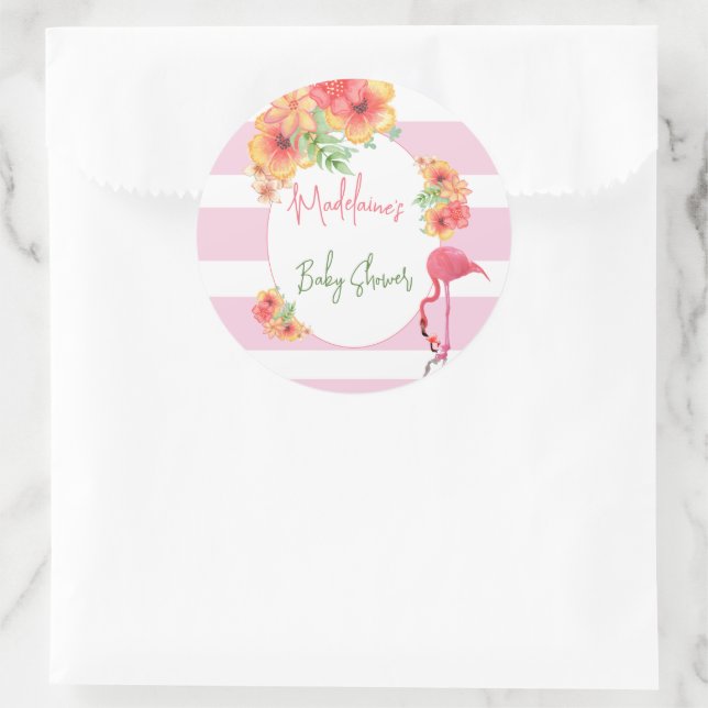 Adesivo Redondo Chá de fraldas Tropical Flamingo Pink Stripe (Bolsa)