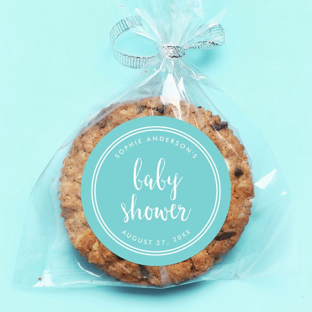 Adesivo Redondo Chá de fraldas Turquoise Script e White Stripes (Criador carregado)