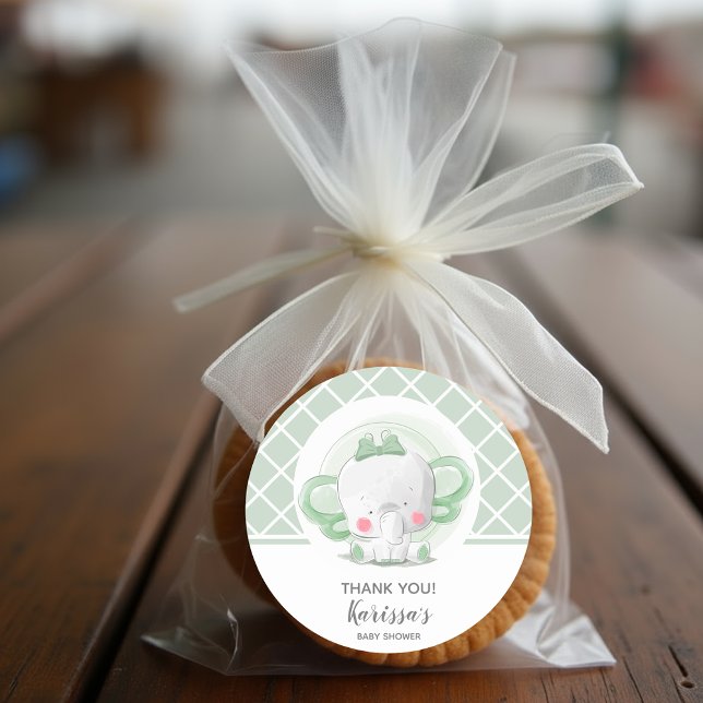 Adesivo Redondo Chá de fraldas Unisex de Elefante Verde (Green Elephant Unisex Baby Shower Stickers)