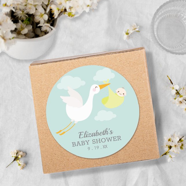 Adesivo Redondo Chá de fraldas Unisex do Pacote Amarelo (Yellow bundle stork gender neutral baby shower round favor stickers)