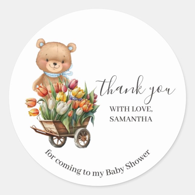 Adesivo Redondo Chá de fraldas Urso Azul Rastreado Floral Azul (Frente)