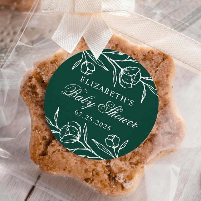 Adesivo Redondo Chá de fraldas Verde Floral Descrito (Criador carregado)