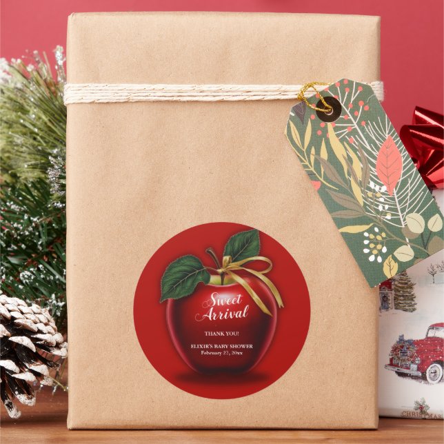 Adesivo Redondo Chá de fraldas Vermelho da Apple, doce chegada (Feriado)