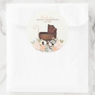 Adesivo Redondo Chá de fraldas Vintage Watercolor Carruagem Obriga