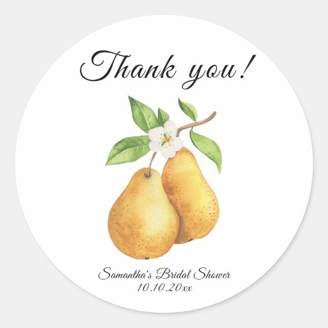 Adesivo Redondo Chá de Noiva Agradecimento Pêra Perfeita em Aquare (Frente)