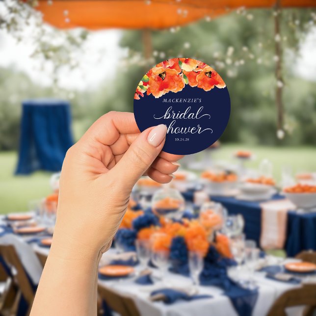 Adesivo Redondo Chá de Noiva Azul Naval Elegante com Papoula Doura (Elegant Navy Blue Golden Poppy Bridal Shower Classic Round Sticker)