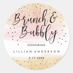 Adesivo Redondo Chá de Noiva Brunch e Bubbly com Brilho Rosa Doura