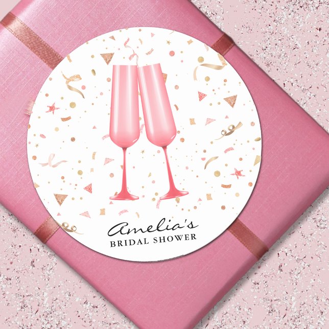 Adesivo Redondo Chá de Noiva com Champanhe Rosado (Pink champagne bridal shower 3" round stickers)