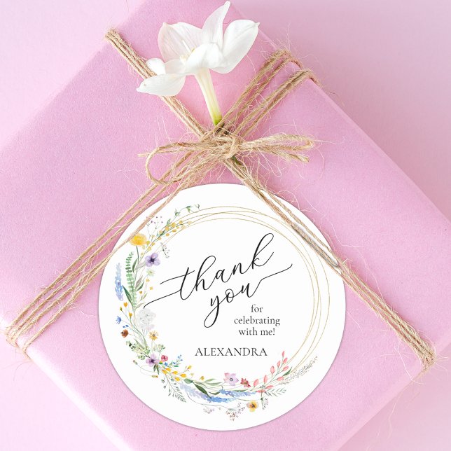 Adesivo Redondo Chá de Noiva com Flores Silvestres (Wreath of wildflowers bridal shower round stickers)