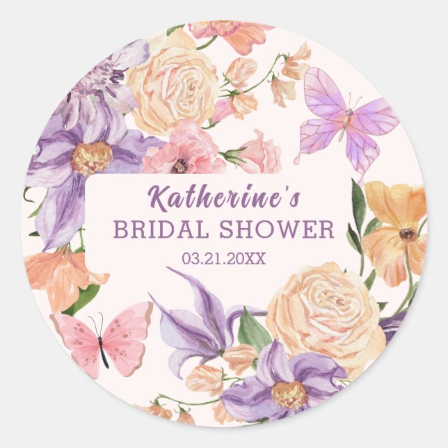 Adesivo Redondo Chá de Noiva Cute Floral Ele Me Dá Borboletas no E (Frente)