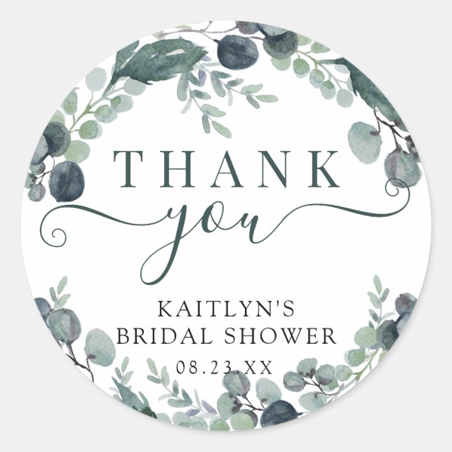 Adesivo Redondo Chá de Noiva de Eucalipto em Aquarela Obrigada (Frente)