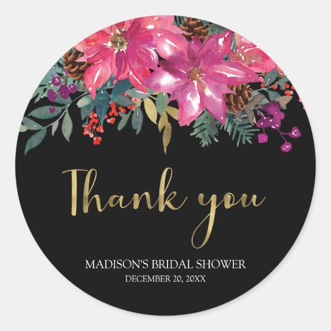 Adesivo Redondo Chá de Noiva de Natal com Poinsettia Rosa (Frente)