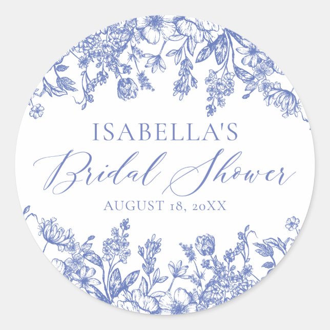 Adesivo Redondo Chá de Noiva Floral Azul com Aquarela (Frente)