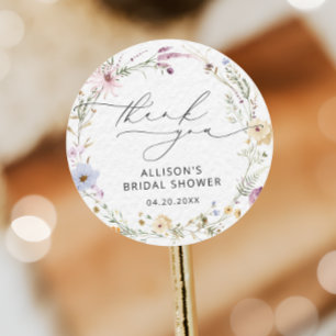 Adesivo Redondo Chá de Noiva Floral de Flores Silvestres em Aquare