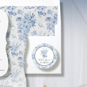 Adesivo Redondo Chá de Noiva Floral em Aquarela Azul Branco Elegan