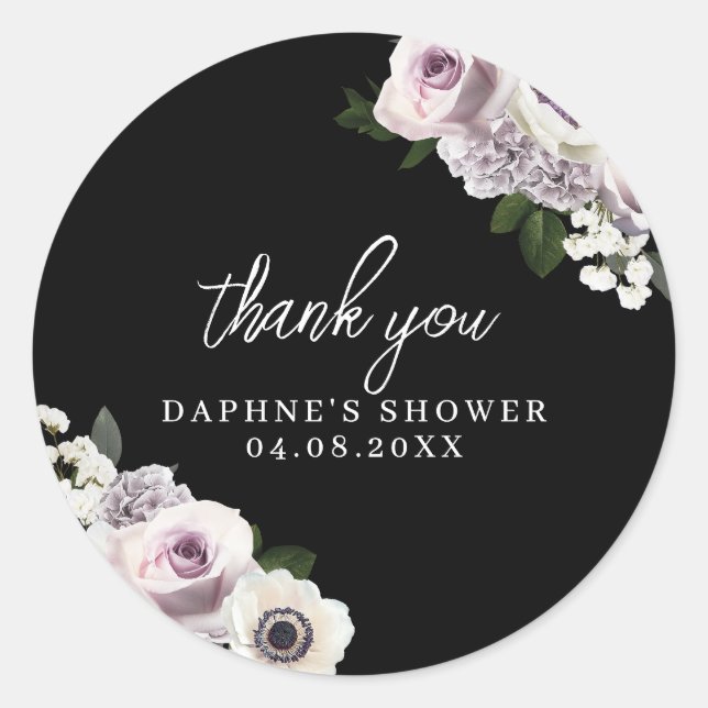 Adesivo Redondo Chá de Noiva Floral Preto Mal-humorado Roxo e Bran (Frente)