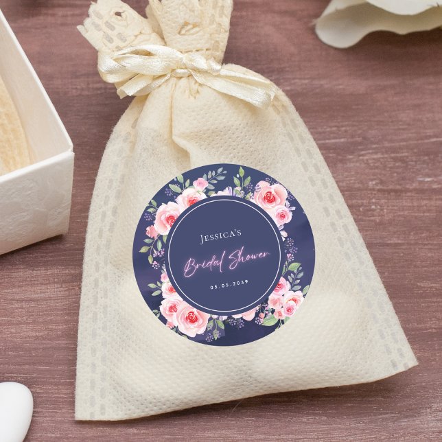 Adesivo Redondo Chá de Noiva Floral Rosa e Roxo Vibrante Neon (Criador carregado)