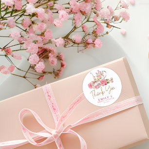 Adesivo Redondo Chá de noiva floral rosa vintage em aquarela