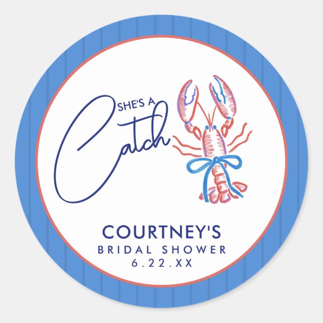 Adesivo Redondo Chá de Noiva Lagosta Costeira She's A Catch (Frente)