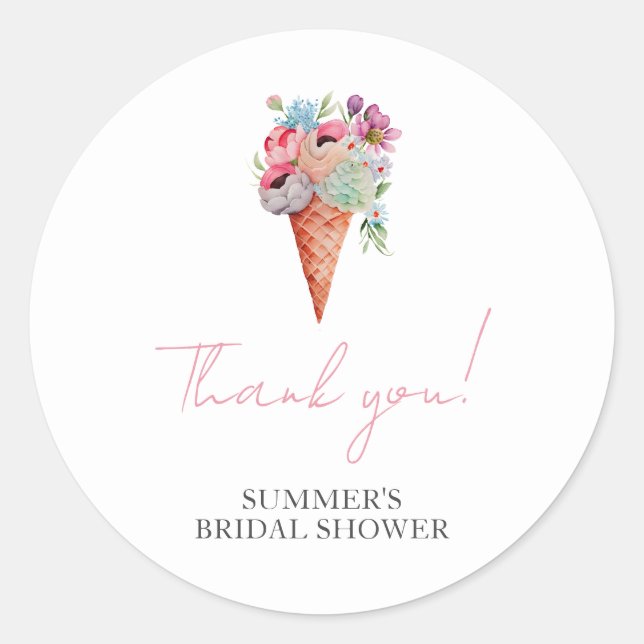 Adesivo Redondo Chá de Noiva Sorvete com Aquarela Floral Rosa (Frente)