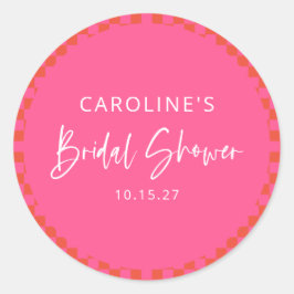 Adesivo Redondo Chá de Noiva Xadrez Retro Laranja Rosa Vibrante