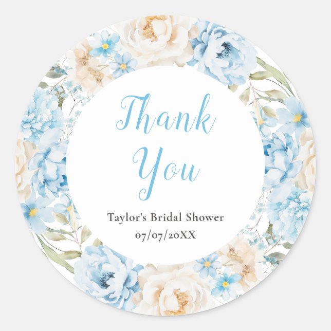 Adesivo Redondo Chá de panela Azul e Branca de Peony Obrigado (Frente)