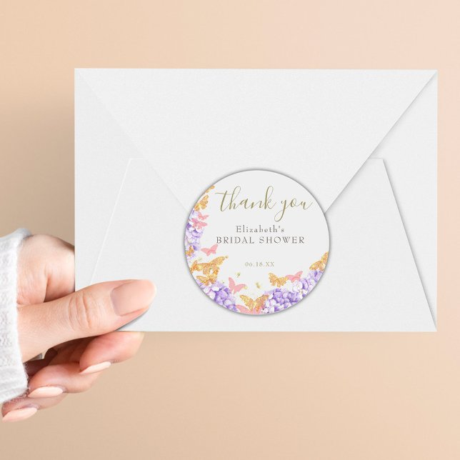 Adesivo Redondo Chá de panela Butterfly Hydrangea Dourada Obrigado (Criador carregado)