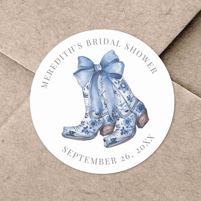 Adesivo Redondo Chá de Panela Country Blue Bow Cowboy (Country Blue Bow Cowboy Bridal Shower Classic Round Sticker)