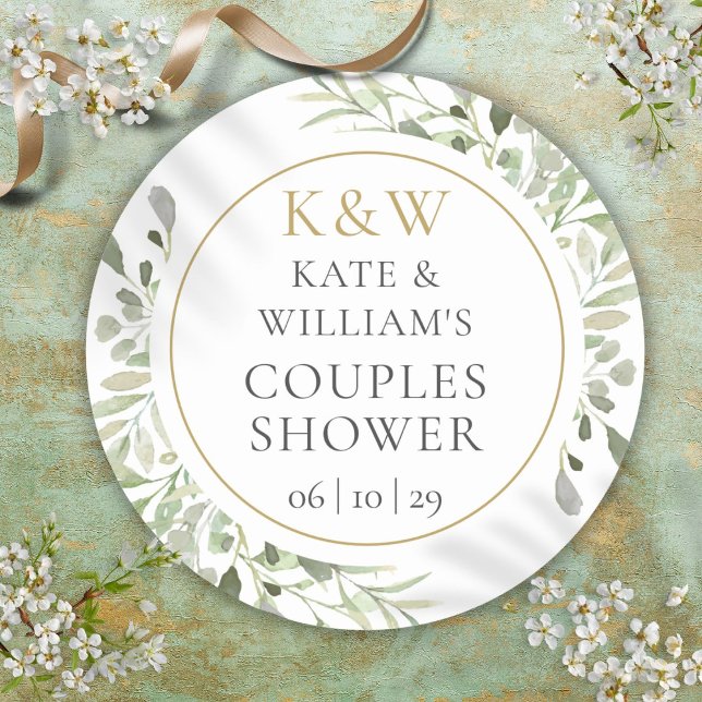 Adesivo Redondo Chá de panela de Casais Dourados Monograma Verde (Gold Monogram Greenery Couples Bridal Shower Classic Round Sticker)