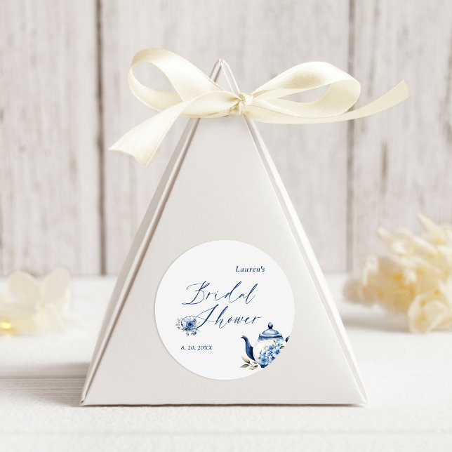 Adesivo Redondo Chá de panela de Festa de Chá Azul Floral (Criador carregado)