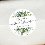 Adesivo Redondo Chá de panela de Folhagem Verde Eucalyptus<br><div class="desc">Este adesivo de chá de panela de casamento apresenta cor d'água eucalipto,  verde botânico e folhas azuis-claras com caligrafia moderna. Para uma personalização mais avançada deste design,  clique no BOTÃO FERRAMENTA DESIGN AZUL. Itens correspondentes também estão disponíveis.</div>