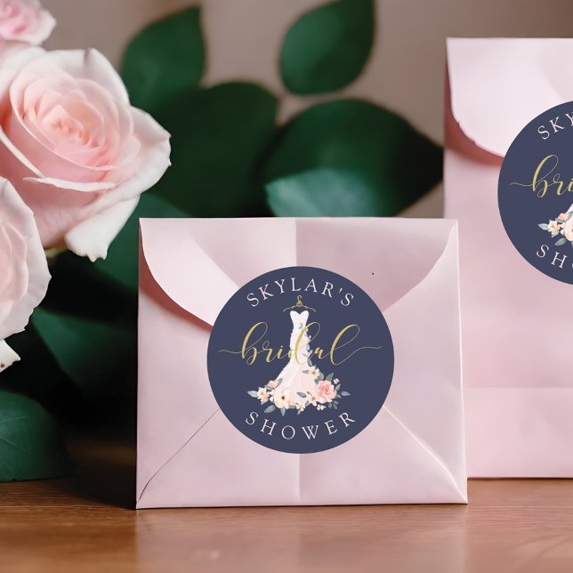 Adesivo Redondo Chá de panela de Marinho de Vestido Floral (Floral Wedding Dress Navy Bridal Shower Classic Round Sticker)