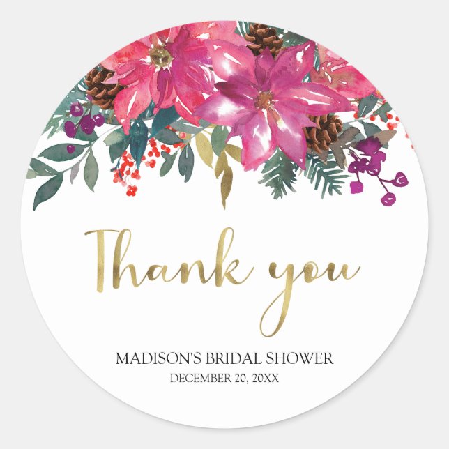 Adesivo Redondo Chá de panela de Natal de Poinsettia Rosa (Frente)