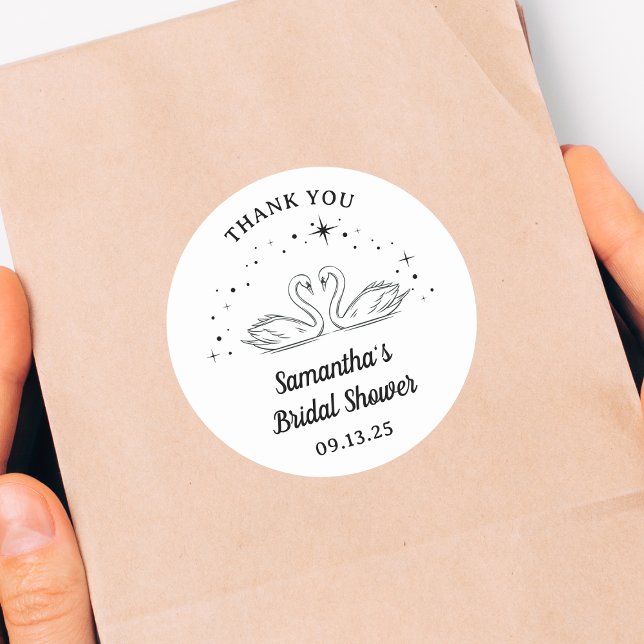 Adesivo Redondo Chá de panela Elegante Swan Desenhado Mão Obrigado (Criador carregado)