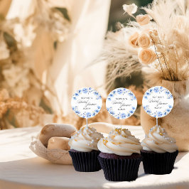 Adesivo Redondo Chá de panela Flor Azul Caligrafia Floral